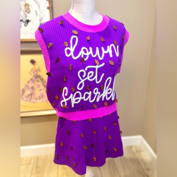 New! QUEEN OF SPARKLES Down Set Sparkle Purple Sequin Sweater Skirt Set - Picture 1 of 9